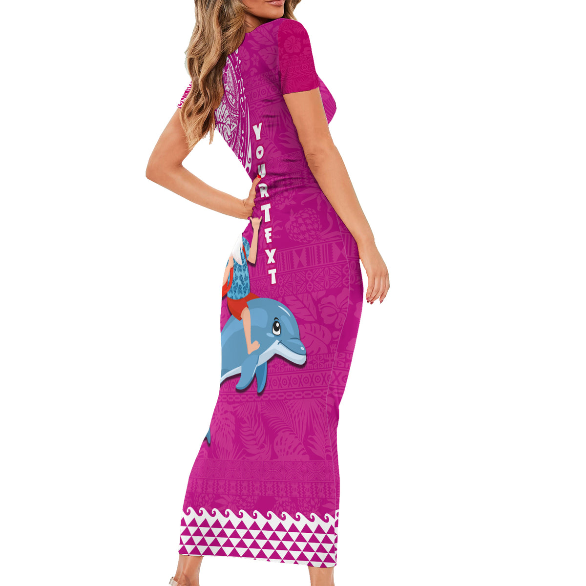 Custom Hawaii Mele Kalikimaka Short Sleeve Bodycon Dress Santa Riding The DolPhin Mix Kakau Pattern Pink Style LT03 - Polynesian Pride