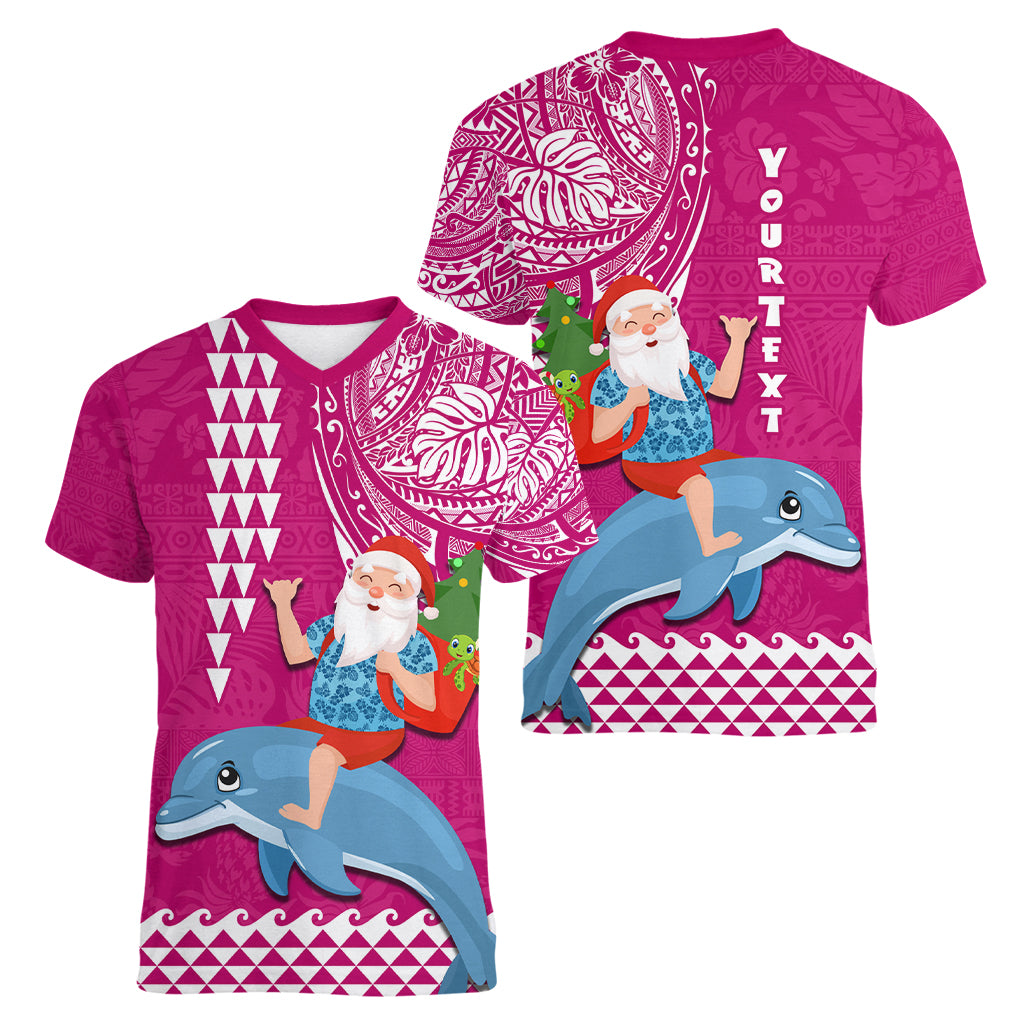 Custom Hawaii Mele Kalikimaka Women V Neck T Shirt Santa Riding The DolPhin Mix Kakau Pattern Pink Style LT03 - Polynesian Pride