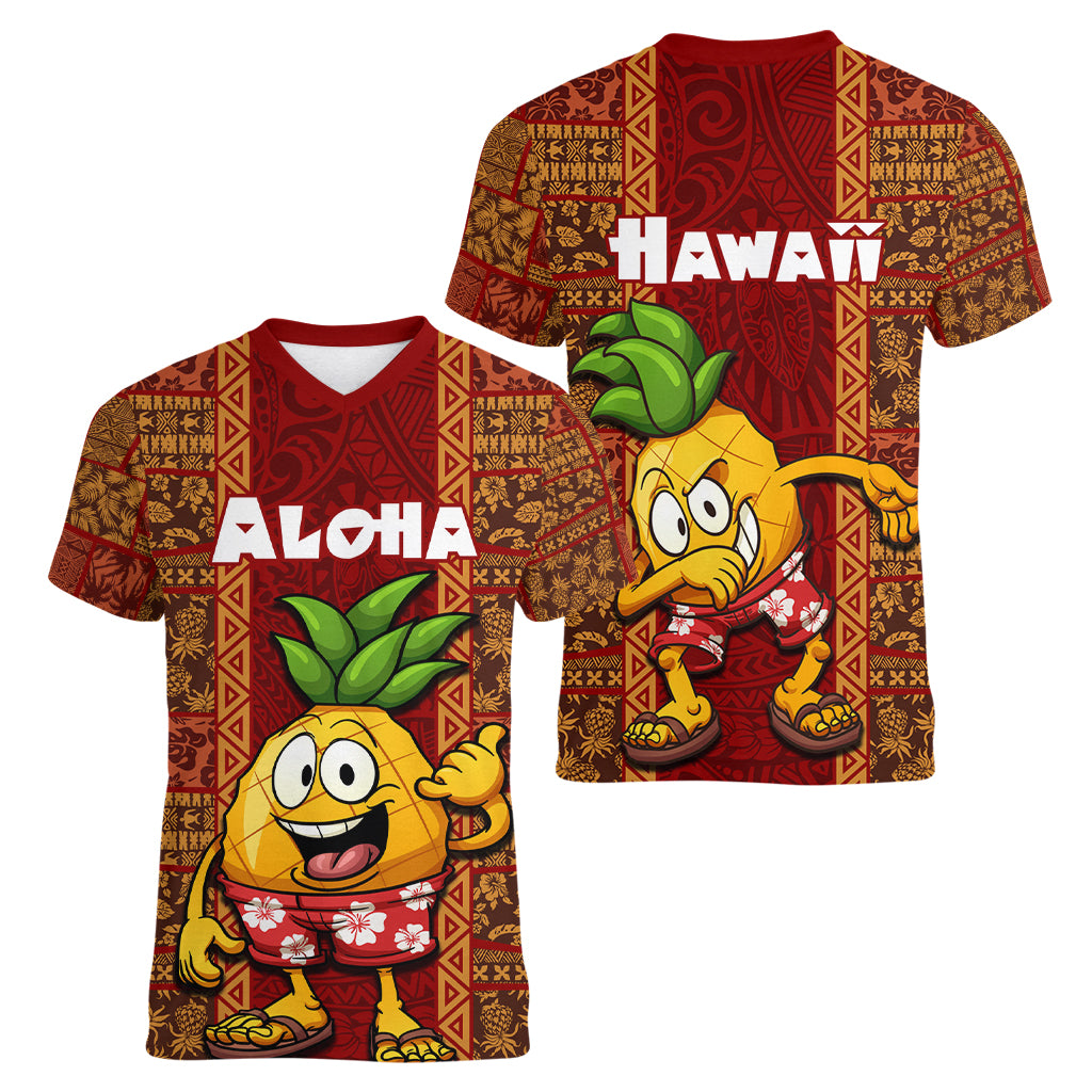Hawaii Women V Neck T Shirt Aloha Funny Pineapple Mix Kakau Hawaiian Tribal LT03 - Polynesian Pride