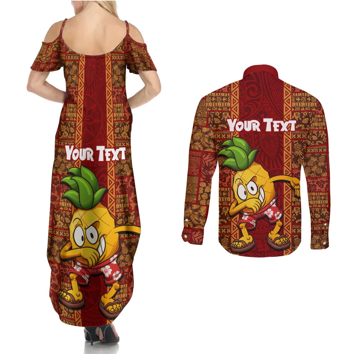 Custom Hawaii Couples Matching Summer Maxi Dress and Long Sleeve Button Shirt Aloha Funny Pineapple Mix Kakau Hawaiian Tribal LT03 - Polynesian Pride