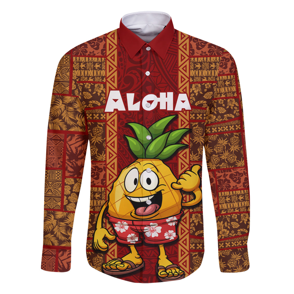 Custom Hawaii Family Matching Long Sleeve Bodycon Dress and Hawaiian Shirt Aloha Funny Pineapple Mix Kakau Hawaiian Tribal LT03 Dad's Shirt - Long Sleeve Red - Polynesian Pride