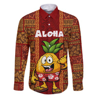 Custom Hawaii Family Matching Long Sleeve Bodycon Dress and Hawaiian Shirt Aloha Funny Pineapple Mix Kakau Hawaiian Tribal LT03 Dad's Shirt - Long Sleeve Red - Polynesian Pride