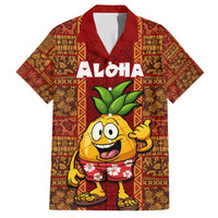 Custom Hawaii Family Matching Off Shoulder Long Sleeve Dress and Hawaiian Shirt Aloha Funny Pineapple Mix Kakau Hawaiian Tribal LT03 Dad's Shirt - Short Sleeve Red - Polynesian Pride
