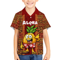 Custom Hawaii Family Matching Off Shoulder Long Sleeve Dress and Hawaiian Shirt Aloha Funny Pineapple Mix Kakau Hawaiian Tribal LT03 Son's Shirt Red - Polynesian Pride
