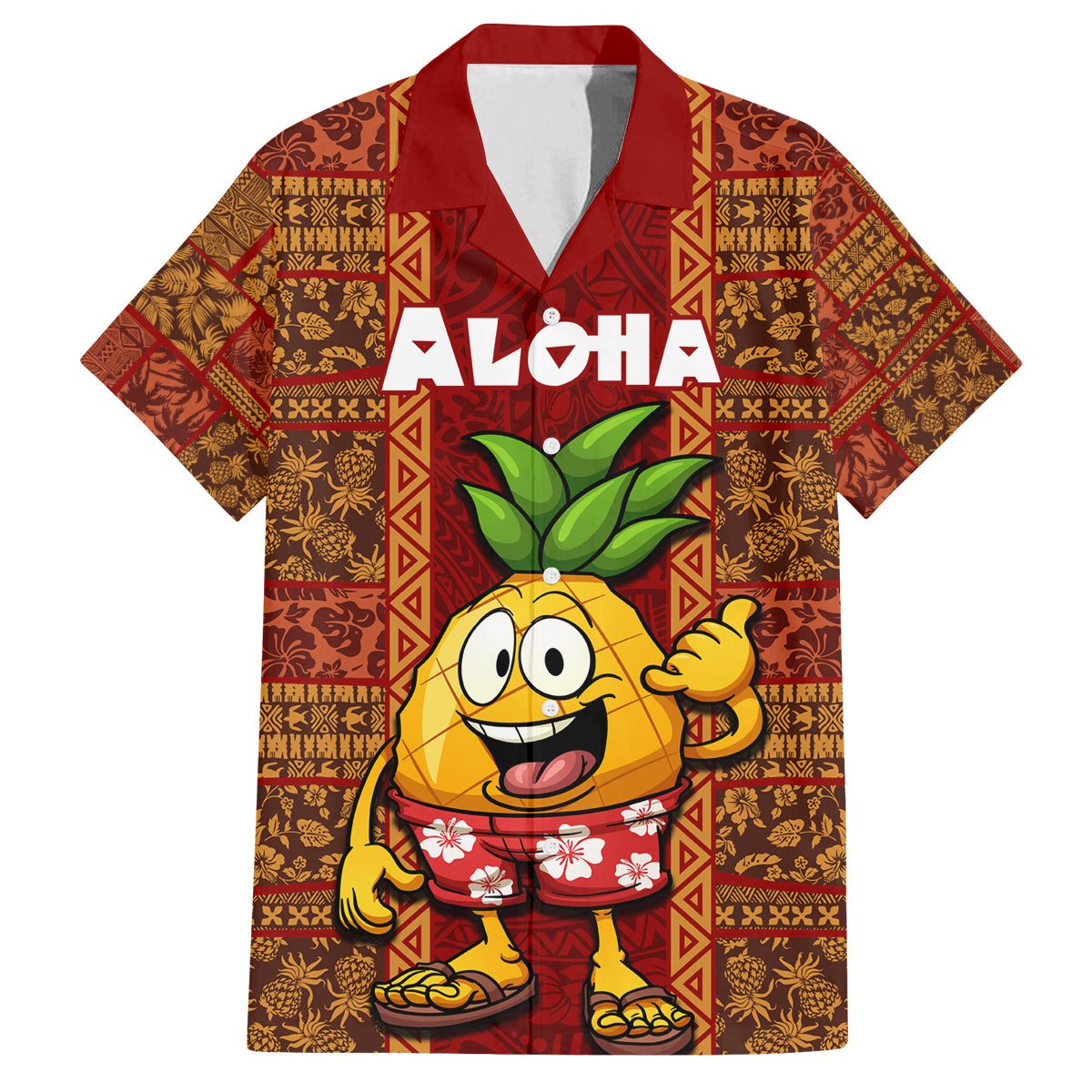 Custom Hawaii Family Matching Off Shoulder Short Dress and Hawaiian Shirt Aloha Funny Pineapple Mix Kakau Hawaiian Tribal LT03 Dad's Shirt - Short Sleeve Red - Polynesian Pride
