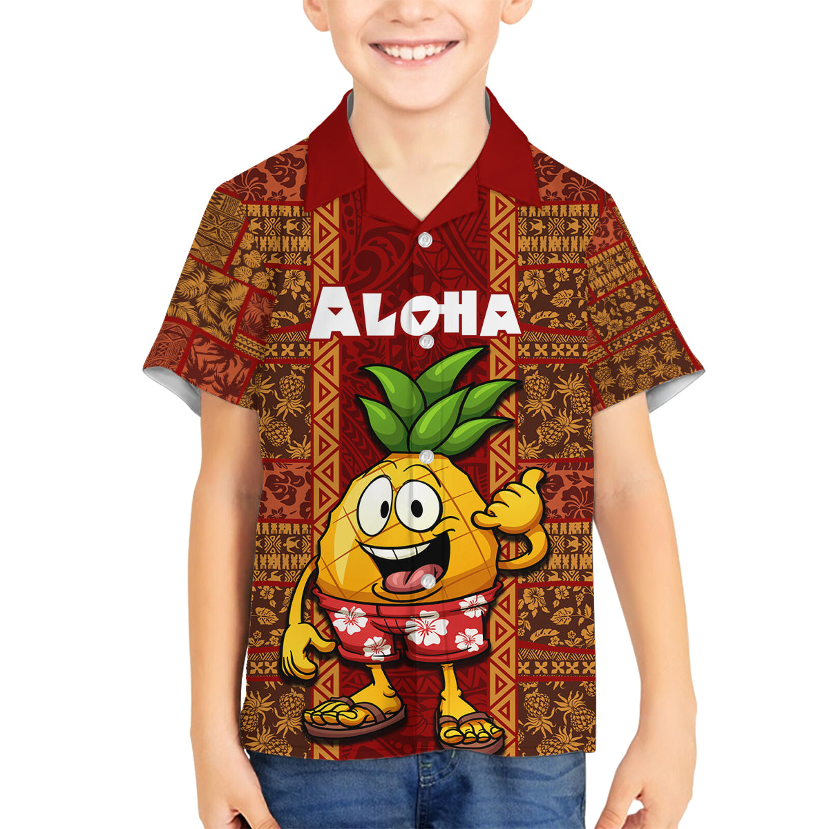 Custom Hawaii Family Matching Tank Maxi Dress and Hawaiian Shirt Aloha Funny Pineapple Mix Kakau Hawaiian Tribal LT03 Son's Shirt Red - Polynesian Pride
