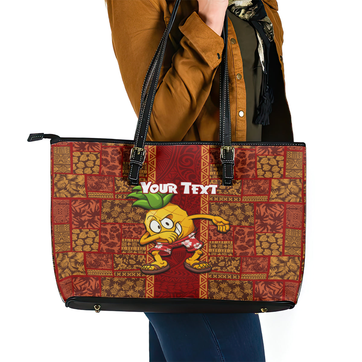 Custom Hawaii Leather Tote Bag Aloha Funny Pineapple Mix Kakau Hawaiian Tribal LT03 - Polynesian Pride