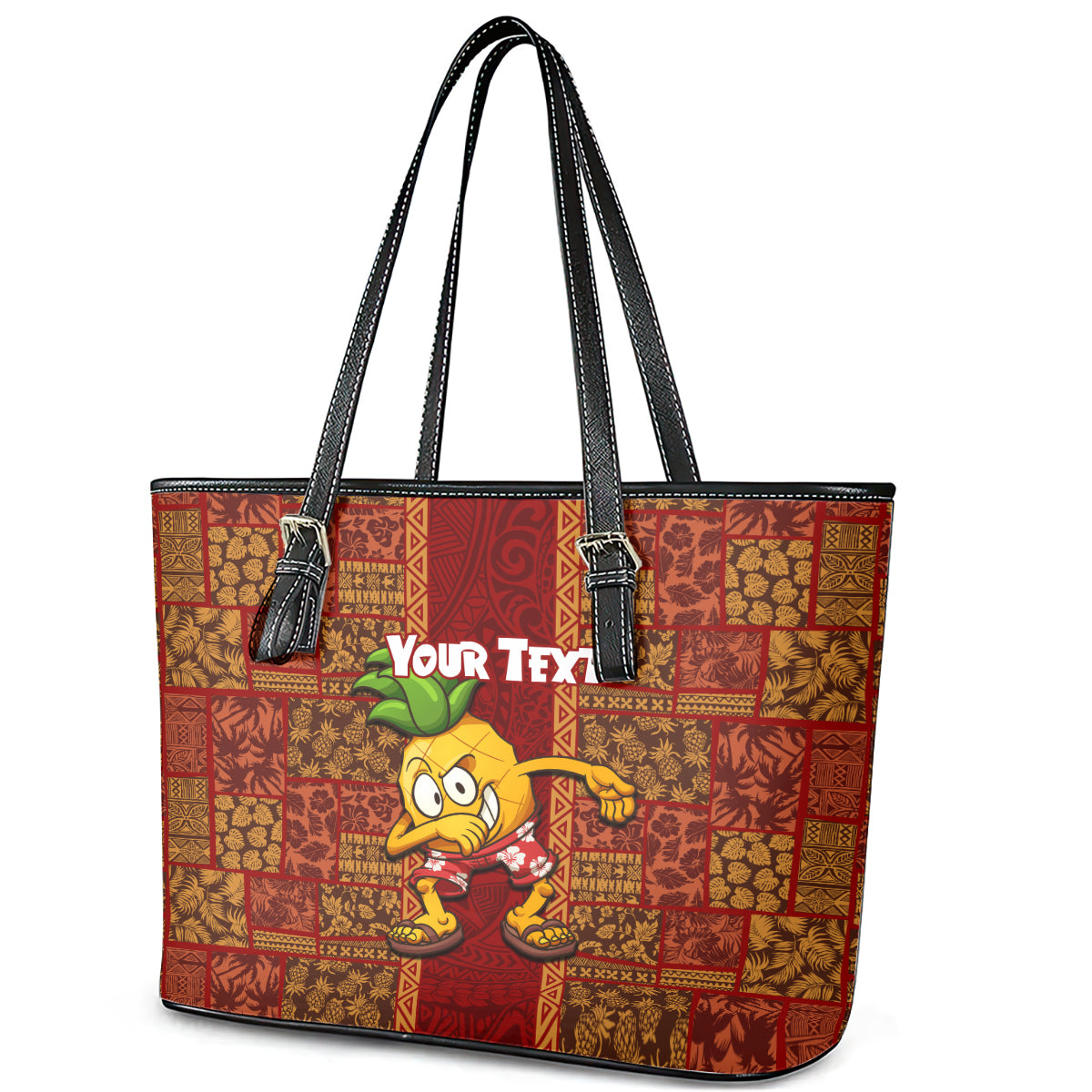 Custom Hawaii Leather Tote Bag Aloha Funny Pineapple Mix Kakau Hawaiian Tribal LT03 - Polynesian Pride