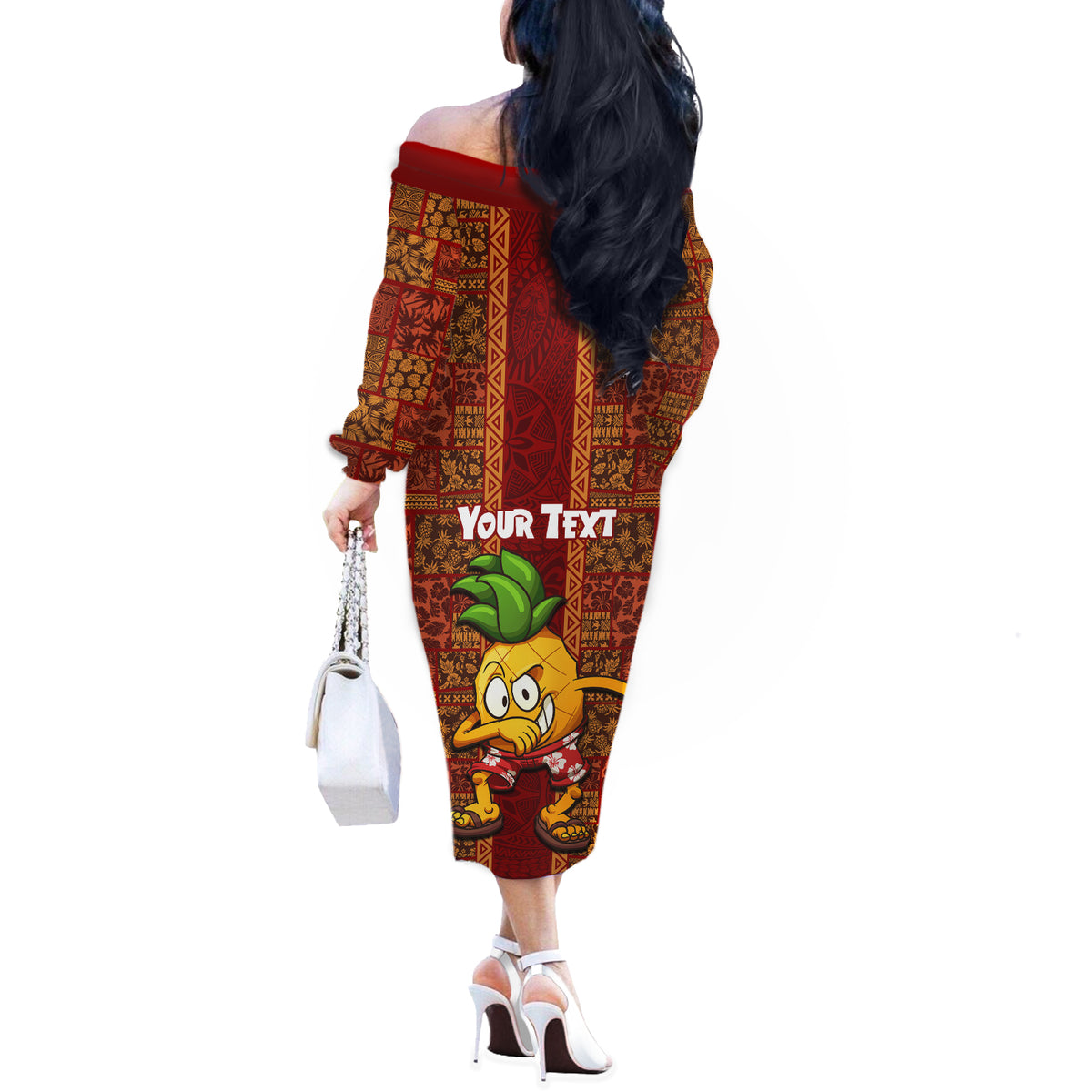 Custom Hawaii Off The Shoulder Long Sleeve Dress Aloha Funny Pineapple Mix Kakau Hawaiian Tribal LT03 - Polynesian Pride