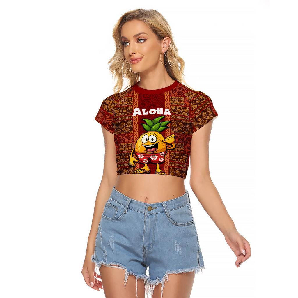 Custom Hawaii Raglan Cropped T Shirt Aloha Funny Pineapple Mix Kakau Hawaiian Tribal LT03 Female Red - Polynesian Pride