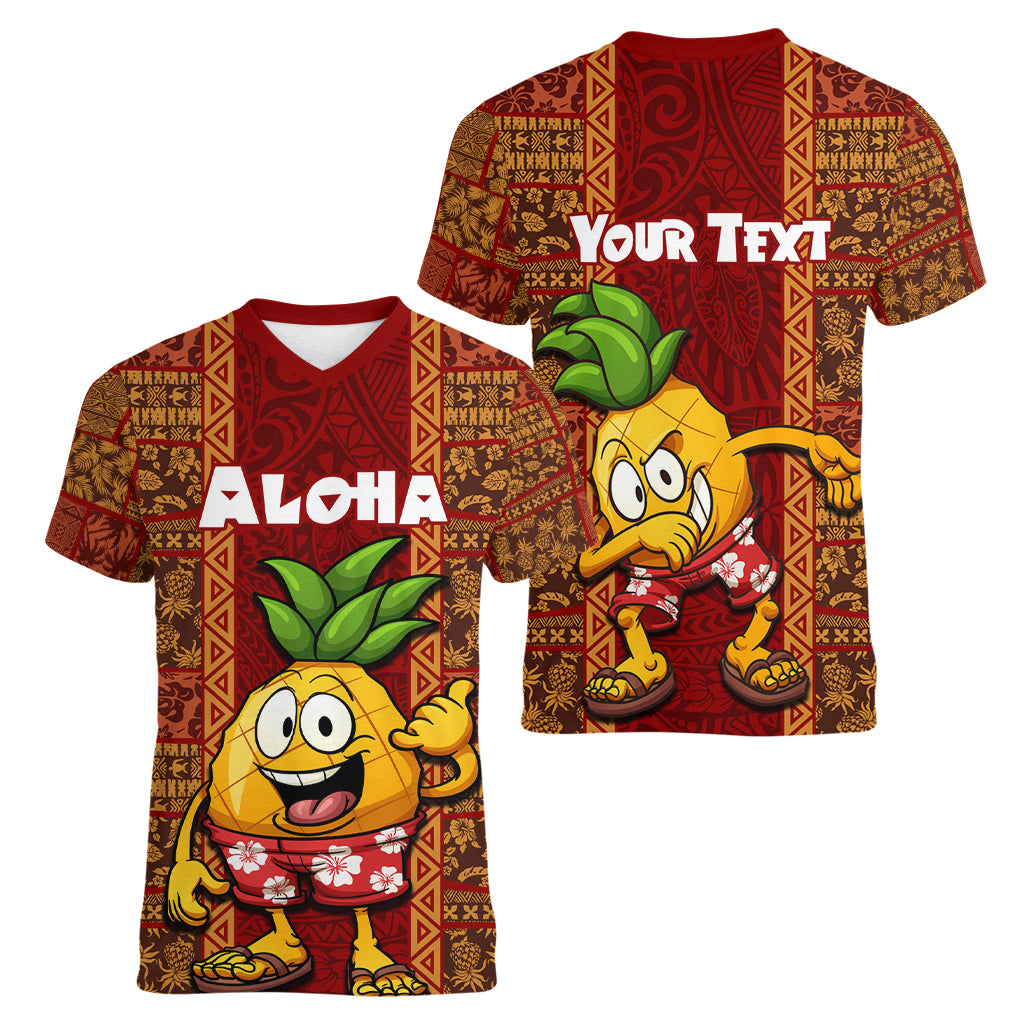 Custom Hawaii Women V Neck T Shirt Aloha Funny Pineapple Mix Kakau Hawaiian Tribal LT03 - Polynesian Pride