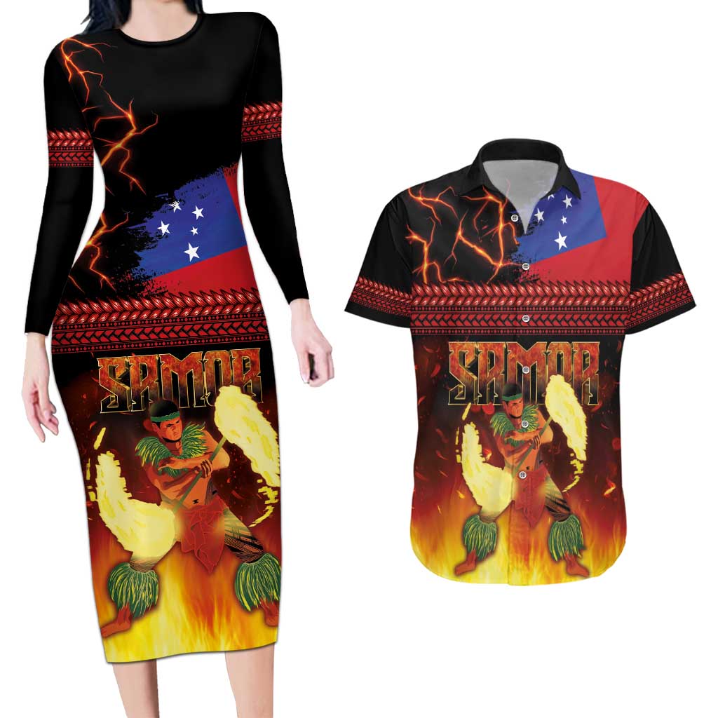 Samoan Siva Afi Couples Matching Long Sleeve Bodycon Dress and Hawaiian Shirt Tribal Performers of Samoan Fire Knife Dancing LT03 Black - Polynesian Pride