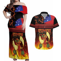 Samoan Siva Afi Couples Matching Off Shoulder Maxi Dress and Hawaiian Shirt Tribal Performers of Samoan Fire Knife Dancing LT03 Black - Polynesian Pride