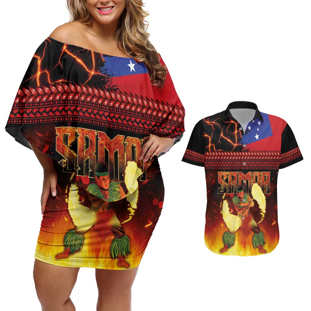 Samoan Siva Afi Couples Matching Off Shoulder Short Dress and Hawaiian Shirt Tribal Performers of Samoan Fire Knife Dancing