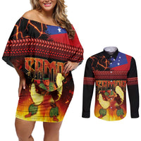 Samoan Siva Afi Couples Matching Off Shoulder Short Dress and Long Sleeve Button Shirt Tribal Performers of Samoan Fire Knife Dancing