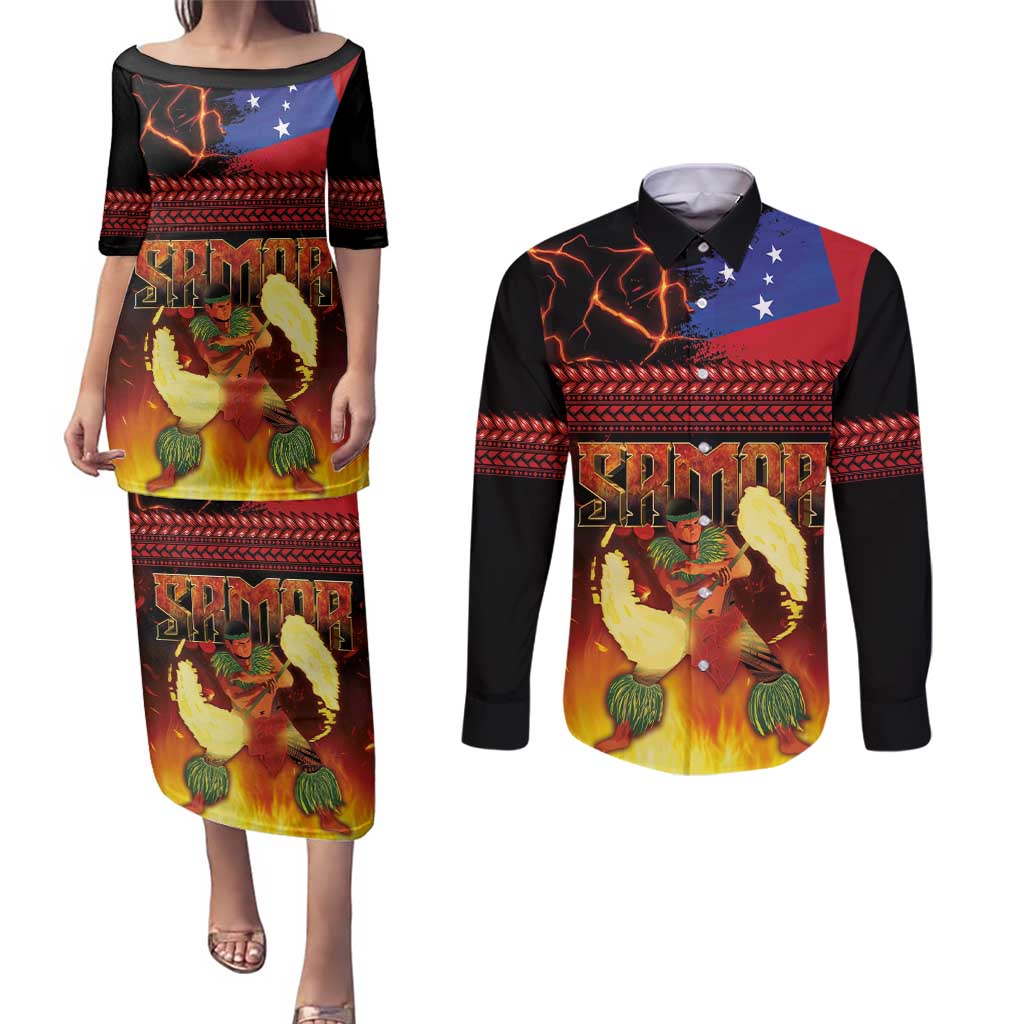 Samoan Siva Afi Couples Matching Puletasi and Long Sleeve Button Shirt Tribal Performers of Samoan Fire Knife Dancing