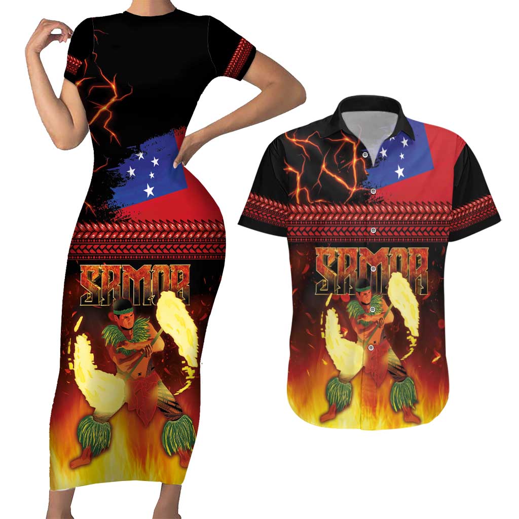 Samoan Siva Afi Couples Matching Short Sleeve Bodycon Dress and Hawaiian Shirt Tribal Performers of Samoan Fire Knife Dancing LT03 Black - Polynesian Pride