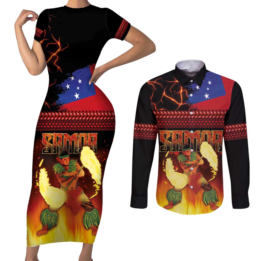 Samoan Siva Afi Couples Matching Short Sleeve Bodycon Dress and Long Sleeve Button Shirt Tribal Performers of Samoan Fire Knife Dancing