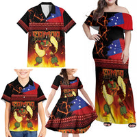Samoan Siva Afi Family Matching Off Shoulder Maxi Dress and Hawaiian Shirt Tribal Performers of Samoan Fire Knife Dancing LT03 - Polynesian Pride