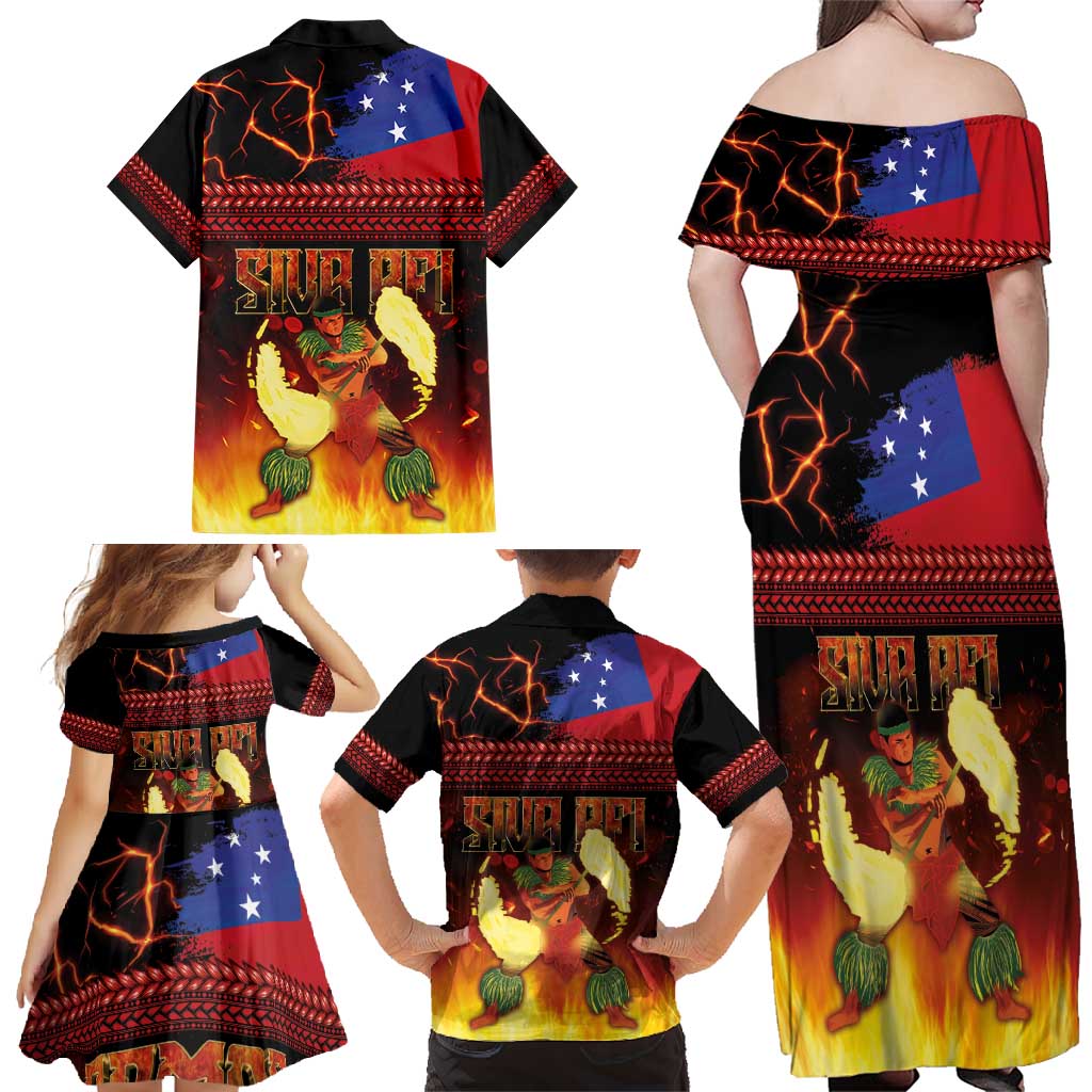 Samoan Siva Afi Family Matching Off Shoulder Maxi Dress and Hawaiian Shirt Tribal Performers of Samoan Fire Knife Dancing LT03 - Polynesian Pride