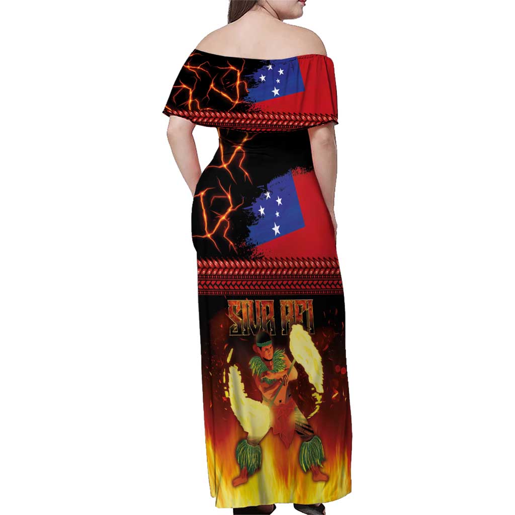 Samoan Siva Afi Family Matching Off Shoulder Maxi Dress and Hawaiian Shirt Tribal Performers of Samoan Fire Knife Dancing LT03 - Polynesian Pride