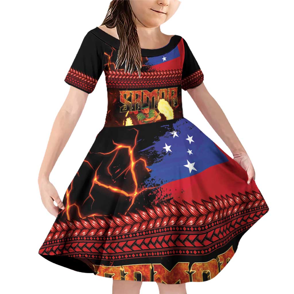 Samoan Siva Afi Family Matching Off Shoulder Short Dress and Hawaiian Shirt Tribal Performers of Samoan Fire Knife Dancing LT03 Daughter's Dress Black - Polynesian Pride