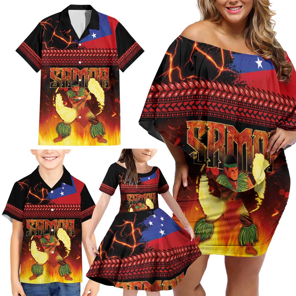 Samoan Siva Afi Family Matching Off Shoulder Short Dress and Hawaiian Shirt Tribal Performers of Samoan Fire Knife Dancing LT03 - Polynesian Pride