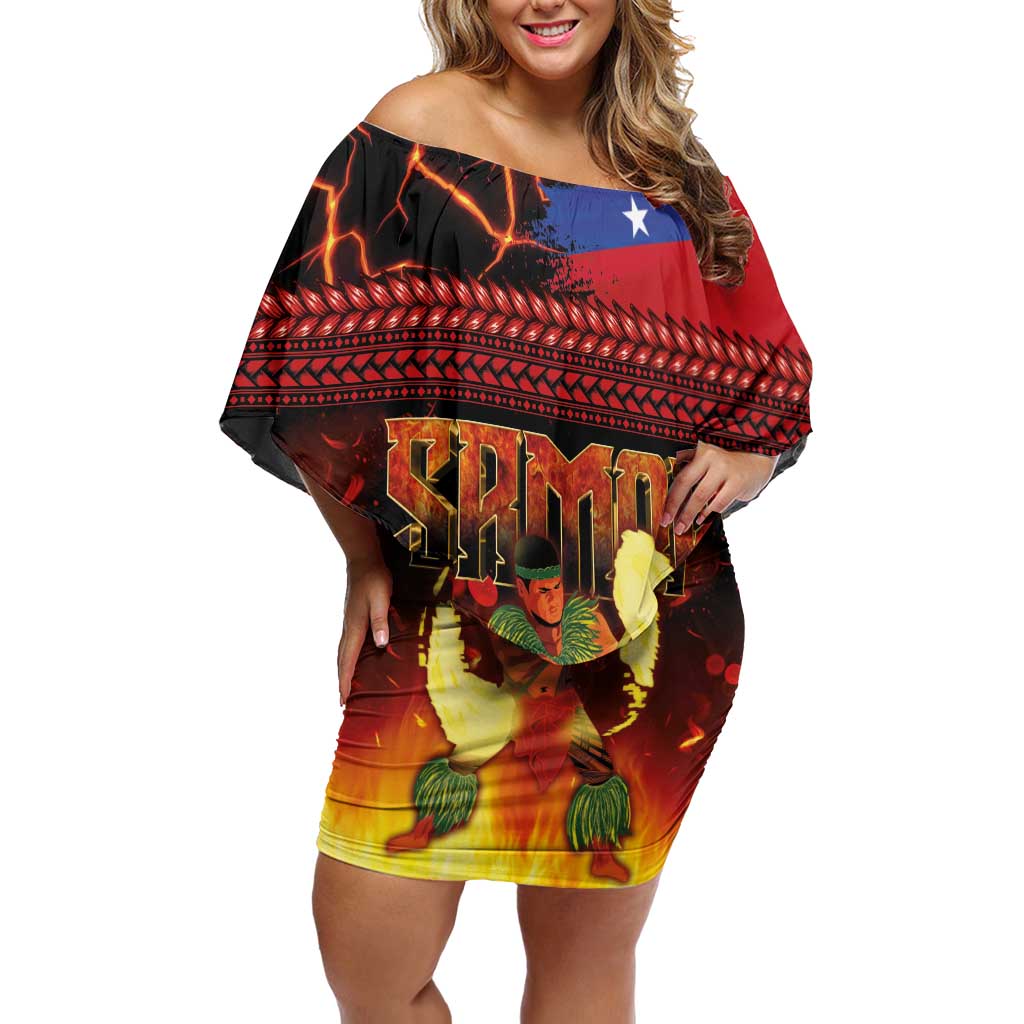 Samoan Siva Afi Family Matching Off Shoulder Short Dress and Hawaiian Shirt Tribal Performers of Samoan Fire Knife Dancing LT03 Mom's Dress Black - Polynesian Pride