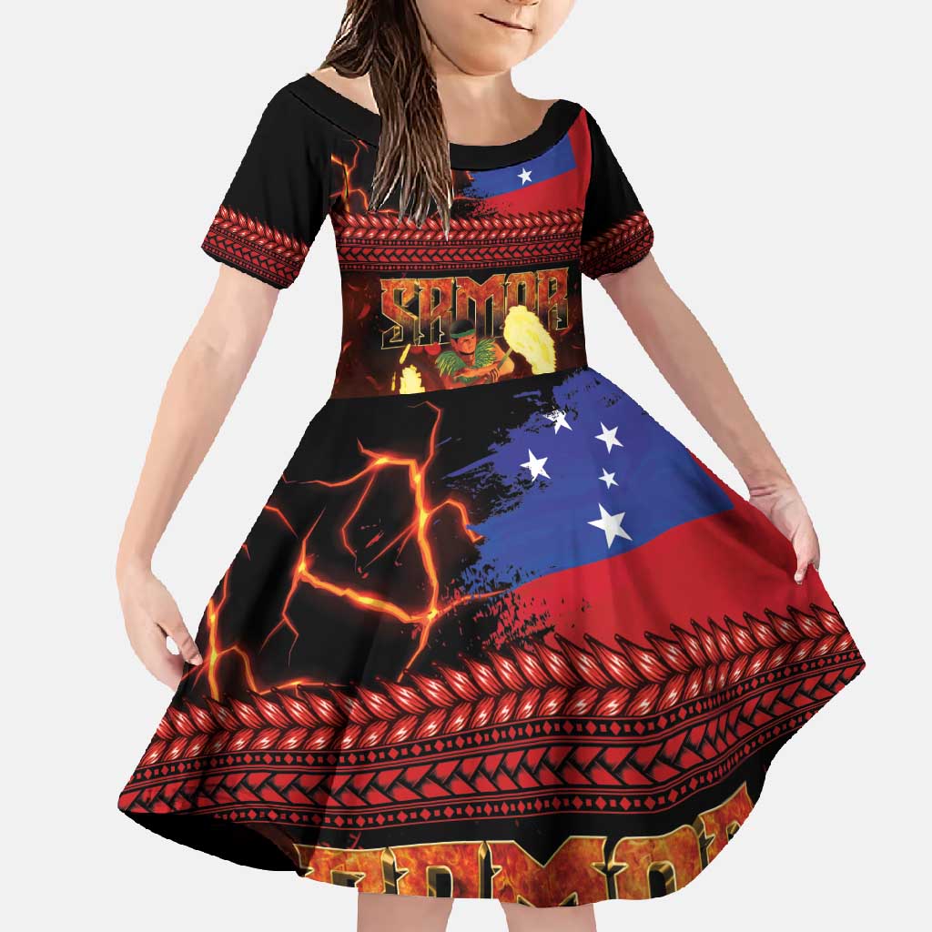 Samoan Siva Afi Family Matching Summer Maxi Dress and Hawaiian Shirt Tribal Performers of Samoan Fire Knife Dancing LT03 Daughter's Dress Black - Polynesian Pride