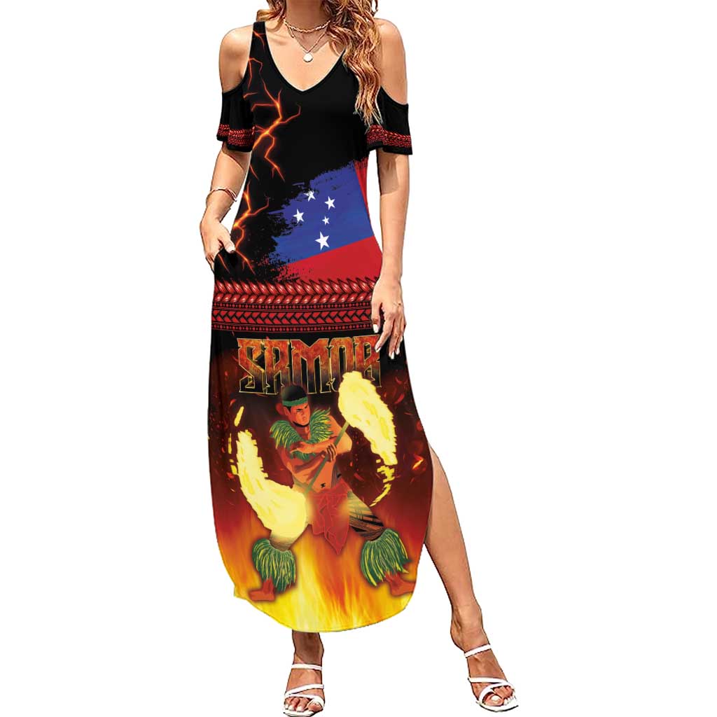 Samoan Siva Afi Family Matching Summer Maxi Dress and Hawaiian Shirt Tribal Performers of Samoan Fire Knife Dancing LT03 Mom's Dress Black - Polynesian Pride