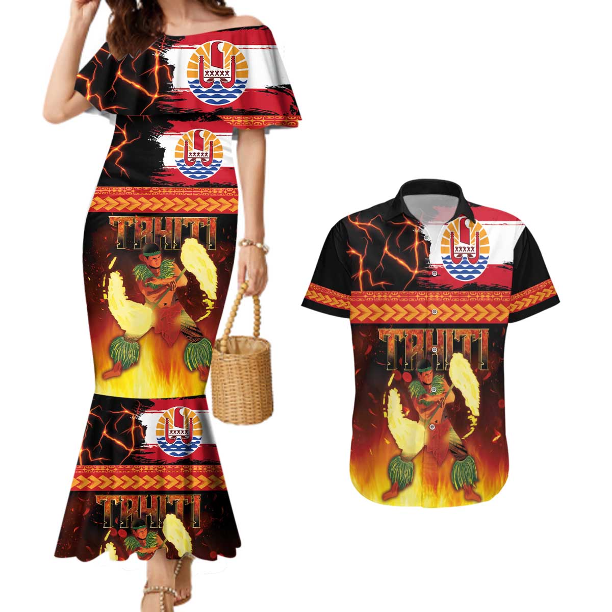 Tahitian Siva Afi Couples Matching Mermaid Dress and Hawaiian Shirt Tribal Performers of Tahitian Fire Knife Dancing LT03 Black - Polynesian Pride