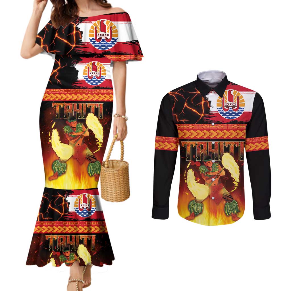 Tahitian Siva Afi Couples Matching Mermaid Dress and Long Sleeve Button Shirt Tribal Performers of Tahitian Fire Knife Dancing LT03 Black - Polynesian Pride