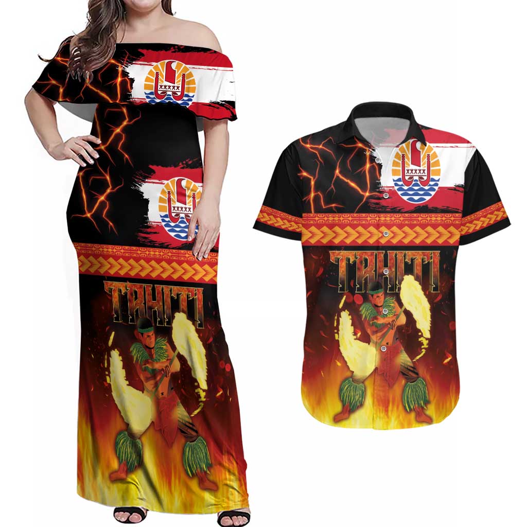 Tahitian Siva Afi Couples Matching Off Shoulder Maxi Dress and Hawaiian Shirt Tribal Performers of Tahitian Fire Knife Dancing LT03 Black - Polynesian Pride