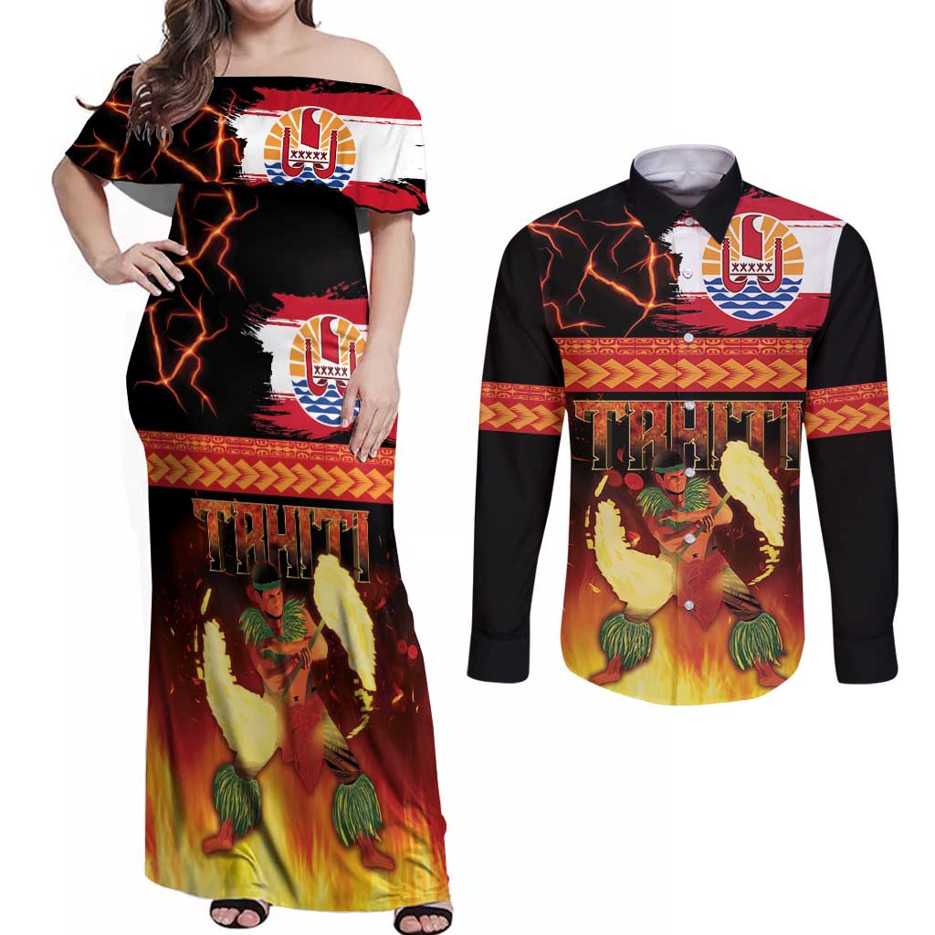 Tahitian Siva Afi Couples Matching Off Shoulder Maxi Dress and Long Sleeve Button Shirt Tribal Performers of Tahitian Fire Knife Dancing LT03 Black - Polynesian Pride