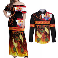 Tahitian Siva Afi Couples Matching Off Shoulder Maxi Dress and Long Sleeve Button Shirt Tribal Performers of Tahitian Fire Knife Dancing LT03 Black - Polynesian Pride