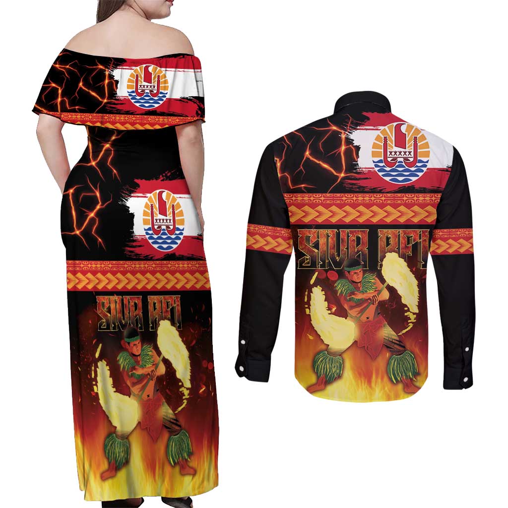 Tahitian Siva Afi Couples Matching Off Shoulder Maxi Dress and Long Sleeve Button Shirt Tribal Performers of Tahitian Fire Knife Dancing LT03 - Polynesian Pride