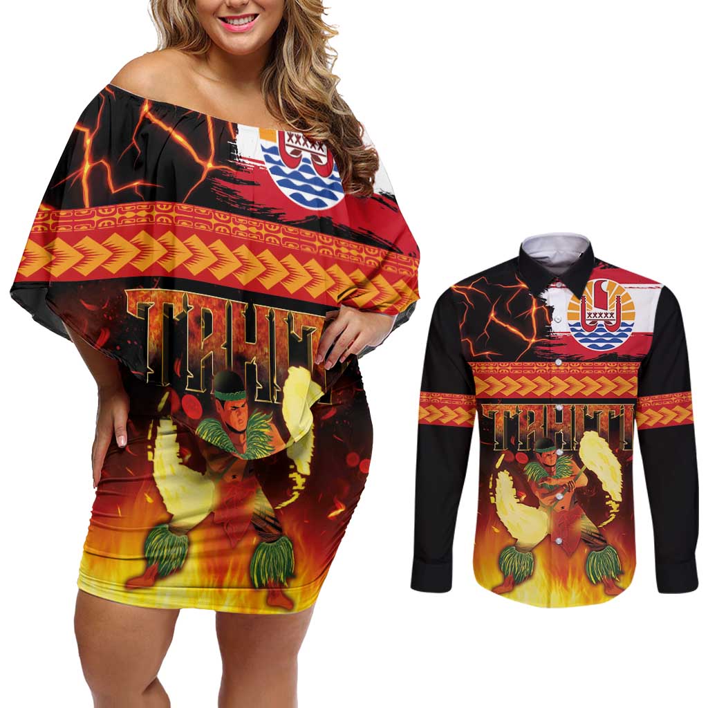 Tahitian Siva Afi Couples Matching Off Shoulder Short Dress and Long Sleeve Button Shirt Tribal Performers of Tahitian Fire Knife Dancing LT03 Black - Polynesian Pride