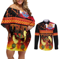 Tahitian Siva Afi Couples Matching Off Shoulder Short Dress and Long Sleeve Button Shirt Tribal Performers of Tahitian Fire Knife Dancing LT03 Black - Polynesian Pride