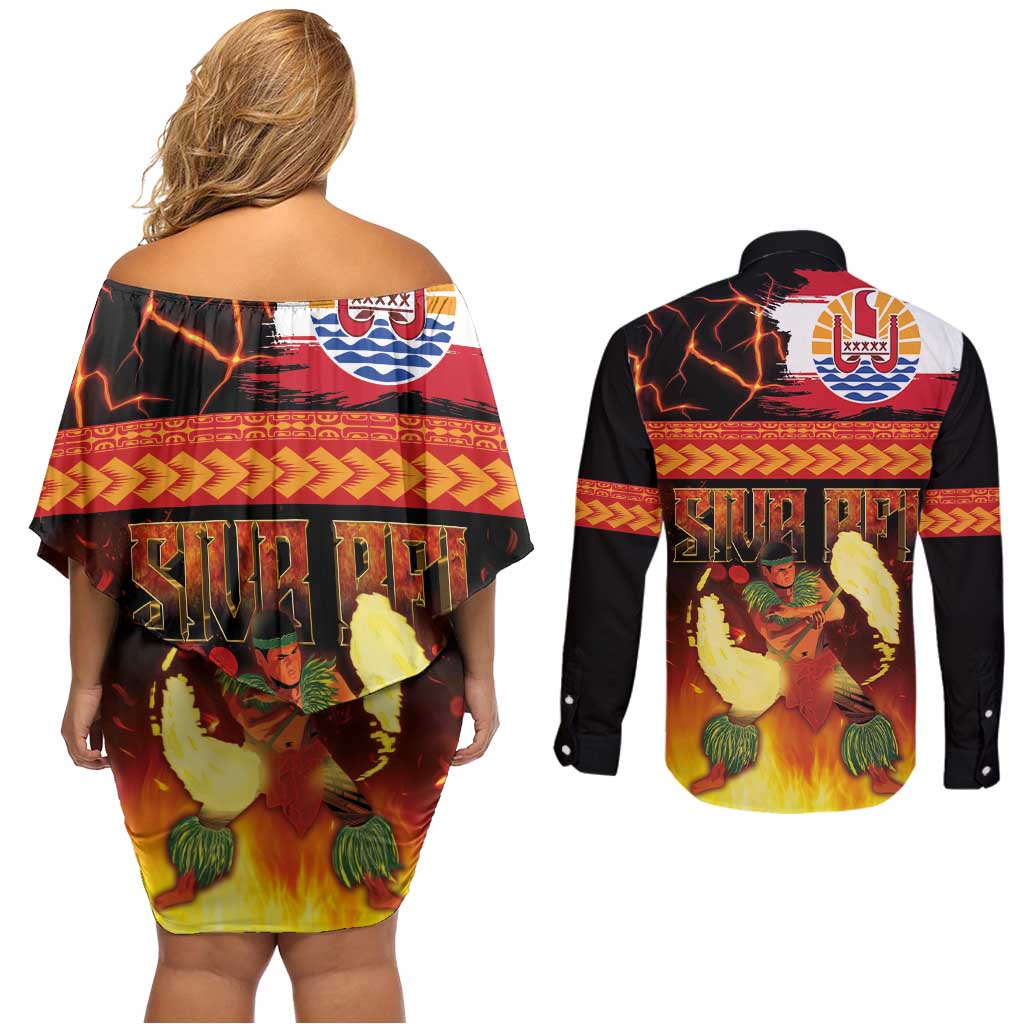 Tahitian Siva Afi Couples Matching Off Shoulder Short Dress and Long Sleeve Button Shirt Tribal Performers of Tahitian Fire Knife Dancing LT03 - Polynesian Pride
