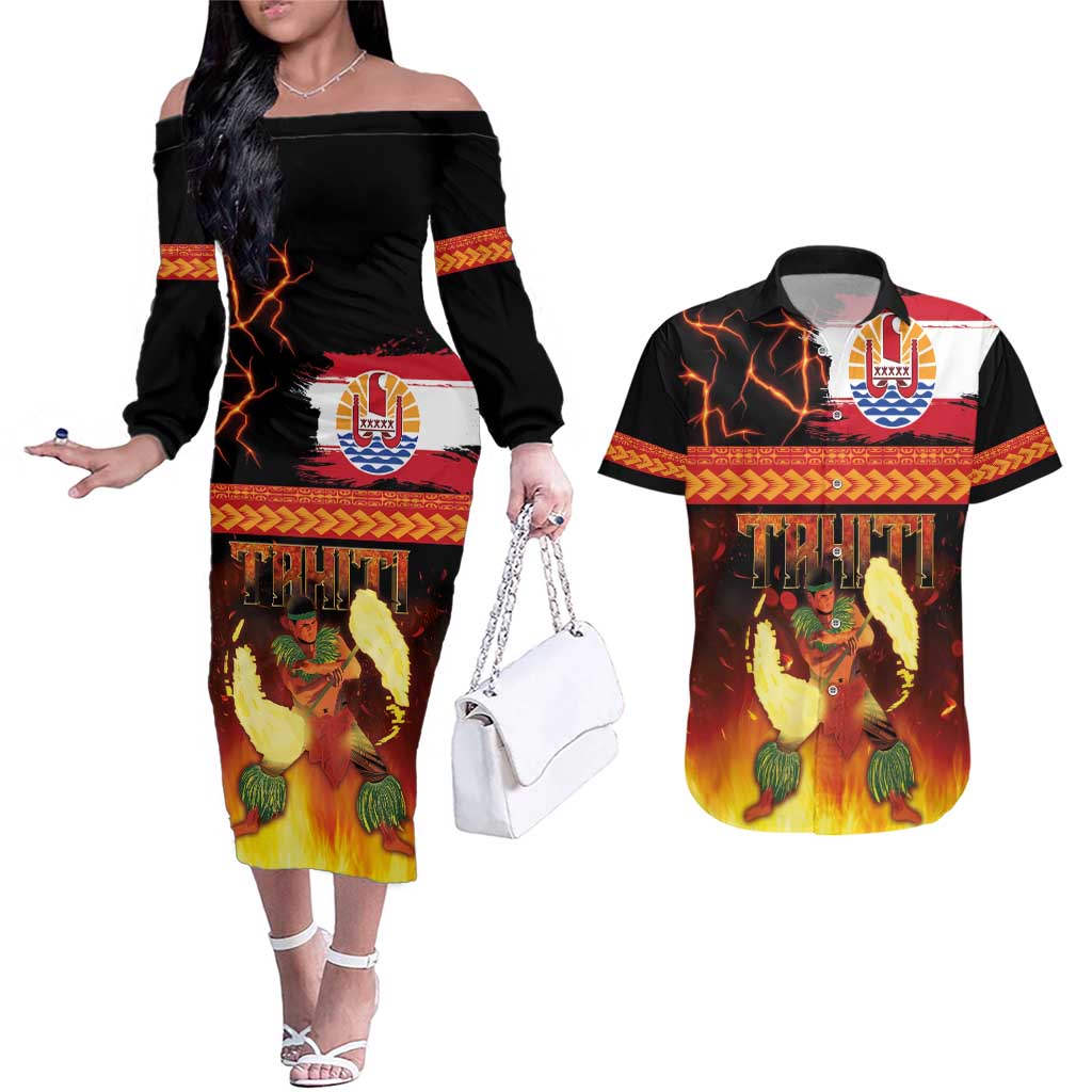 Tahitian Siva Afi Couples Matching Off The Shoulder Long Sleeve Dress and Hawaiian Shirt Tribal Performers of Tahitian Fire Knife Dancing LT03 Black - Polynesian Pride