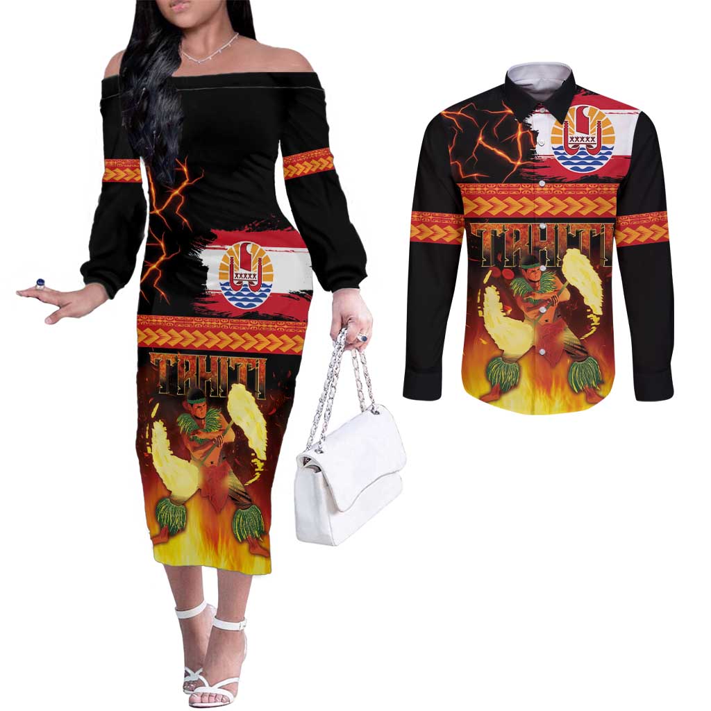 Tahitian Siva Afi Couples Matching Off The Shoulder Long Sleeve Dress and Long Sleeve Button Shirt Tribal Performers of Tahitian Fire Knife Dancing LT03 Black - Polynesian Pride
