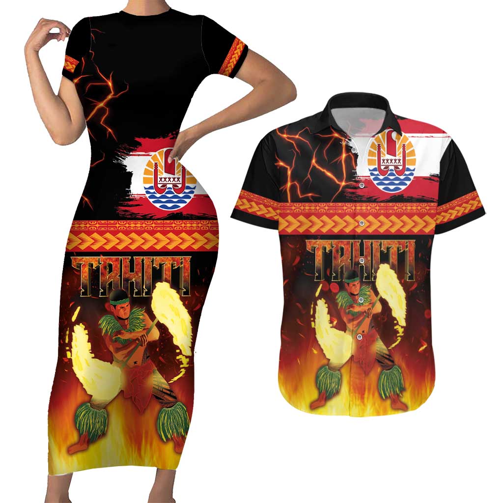 Tahitian Siva Afi Couples Matching Short Sleeve Bodycon Dress and Hawaiian Shirt Tribal Performers of Tahitian Fire Knife Dancing LT03 Black - Polynesian Pride