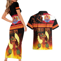 Tahitian Siva Afi Couples Matching Short Sleeve Bodycon Dress and Hawaiian Shirt Tribal Performers of Tahitian Fire Knife Dancing LT03 - Polynesian Pride