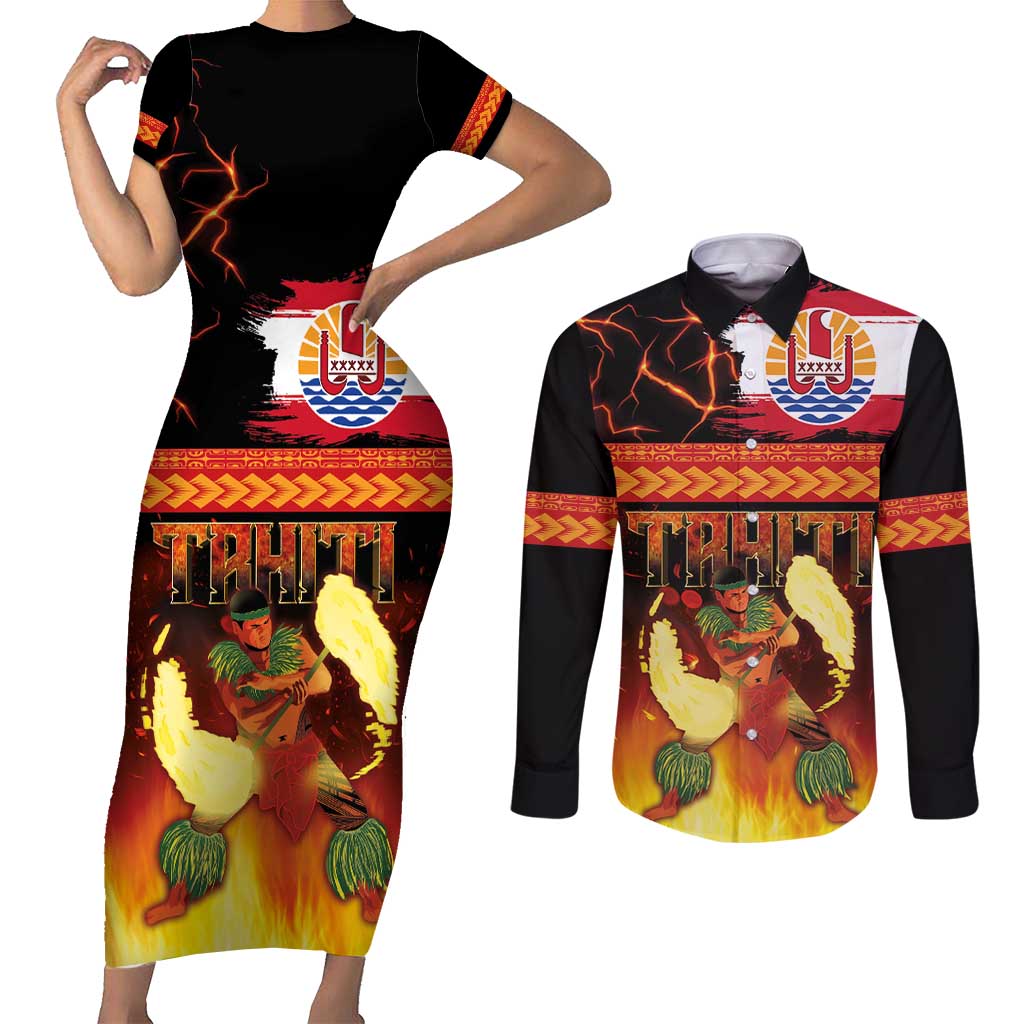 Tahitian Siva Afi Couples Matching Short Sleeve Bodycon Dress and Long Sleeve Button Shirt Tribal Performers of Tahitian Fire Knife Dancing LT03 Black - Polynesian Pride