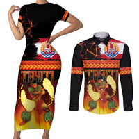 Tahitian Siva Afi Couples Matching Short Sleeve Bodycon Dress and Long Sleeve Button Shirt Tribal Performers of Tahitian Fire Knife Dancing LT03 Black - Polynesian Pride
