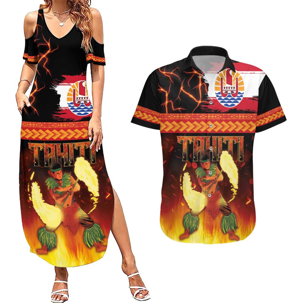 Tahitian Siva Afi Couples Matching Summer Maxi Dress and Hawaiian Shirt Tribal Performers of Tahitian Fire Knife Dancing LT03 Black - Polynesian Pride