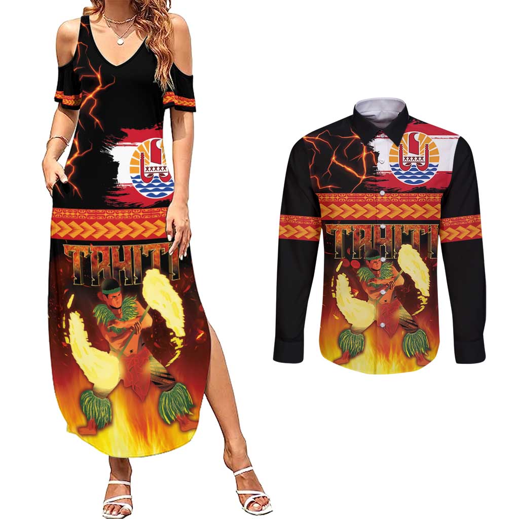 Tahitian Siva Afi Couples Matching Summer Maxi Dress and Long Sleeve Button Shirt Tribal Performers of Tahitian Fire Knife Dancing LT03 Black - Polynesian Pride
