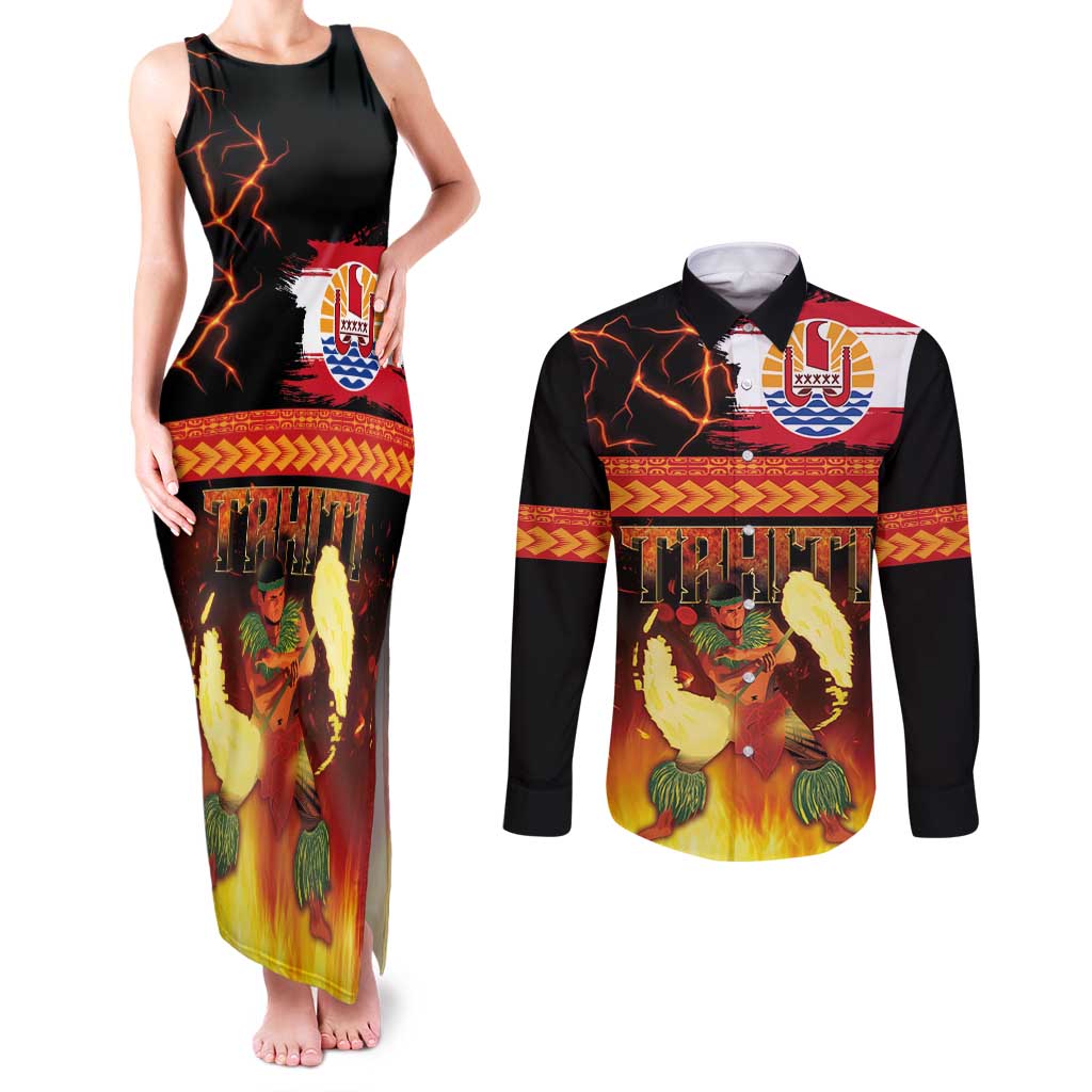 Tahitian Siva Afi Couples Matching Tank Maxi Dress and Long Sleeve Button Shirt Tribal Performers of Tahitian Fire Knife Dancing LT03 Black - Polynesian Pride