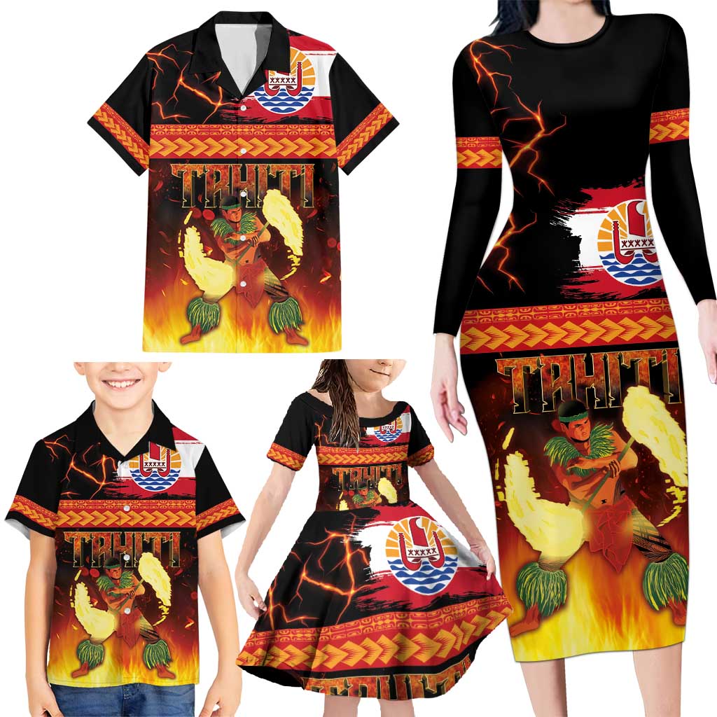 Tahitian Siva Afi Family Matching Long Sleeve Bodycon Dress and Hawaiian Shirt Tribal Performers of Tahitian Fire Knife Dancing LT03 - Polynesian Pride