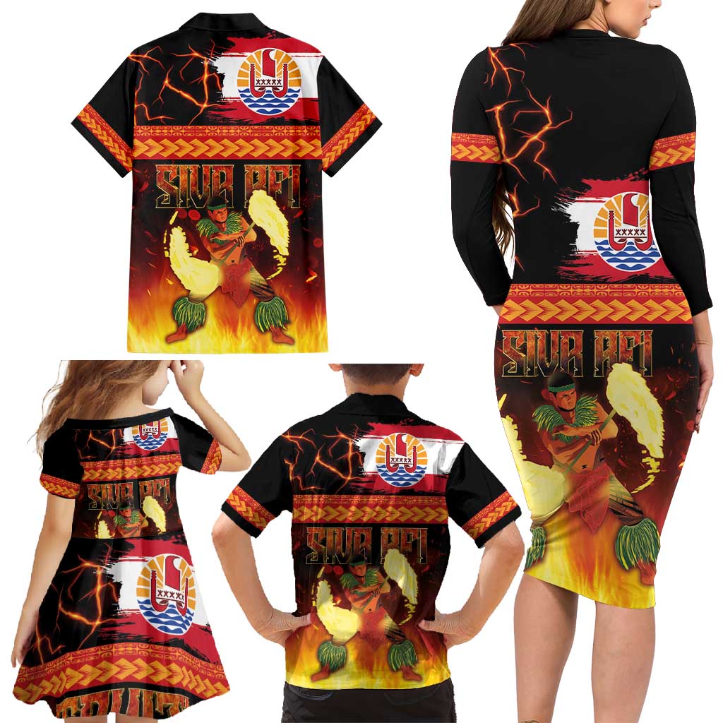 Tahitian Siva Afi Family Matching Long Sleeve Bodycon Dress and Hawaiian Shirt Tribal Performers of Tahitian Fire Knife Dancing LT03 - Polynesian Pride